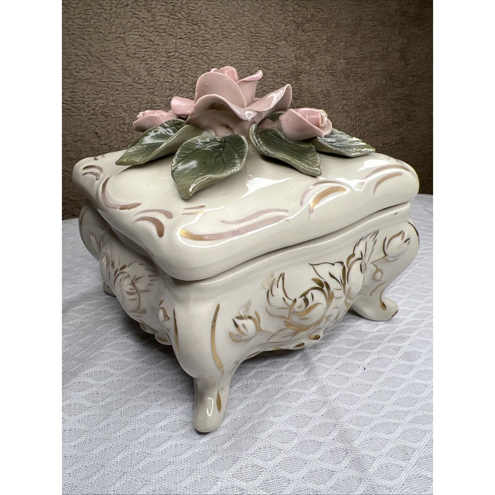 Vintage Cordey Ivory Gilded Pink 3D Roses Ceramic Trinket Box